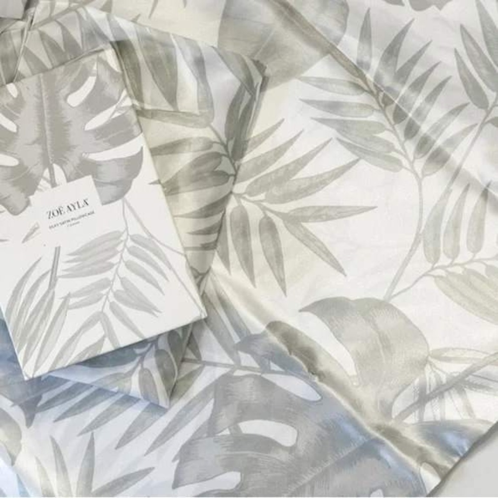 ZOE AYLA Silky Satin Pillowcase 2 Piece Set Tropical Leaf Print Gray White